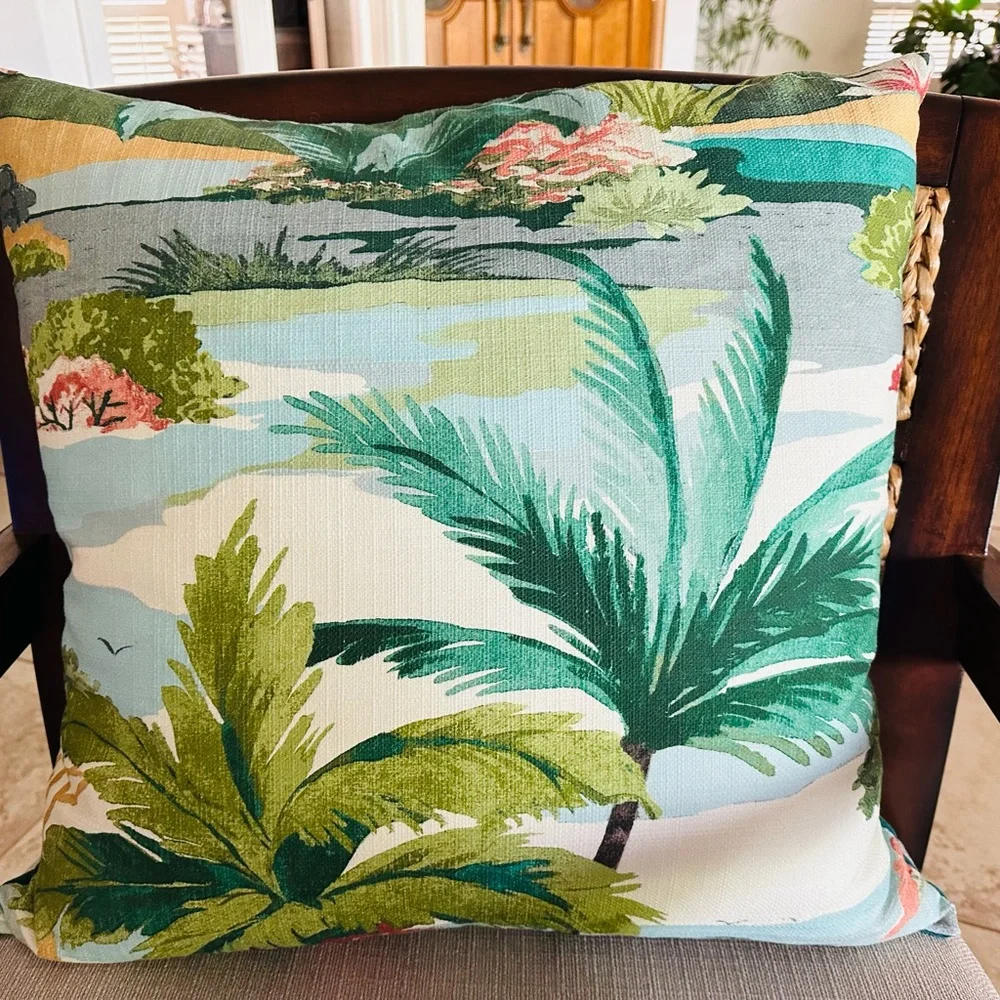NWOT Tropical Beachy Island Palm Tree Decorative Pillow Green, Blue and Teal